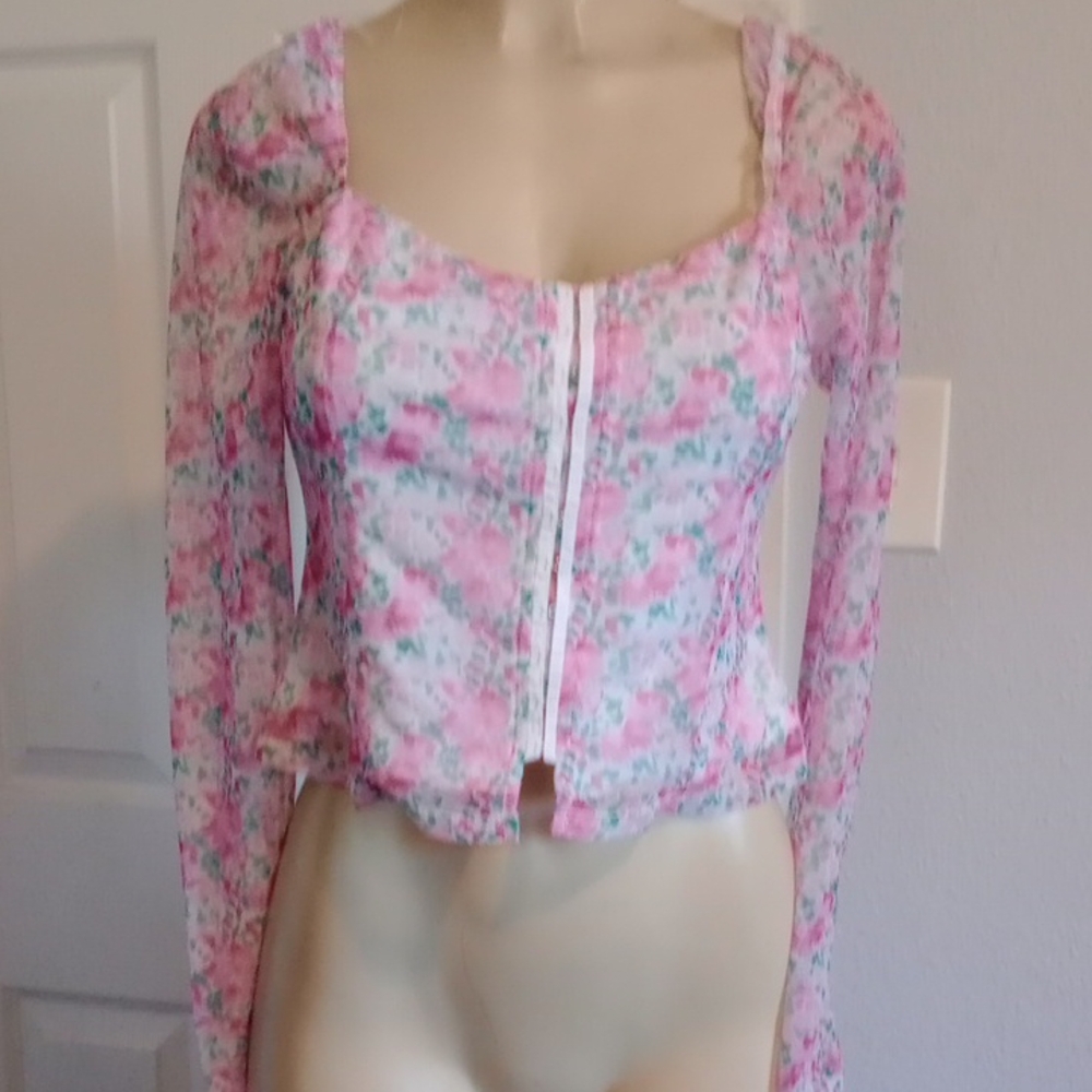 Lulu's Pink White Floral Sheer Zip-Front Top